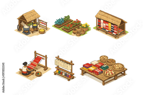 Traditional village scenes depicting farming, weaving, and market stalls