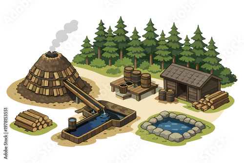 Illustration of a historical charcoal production site with a kiln, water trough, and wooden barrels