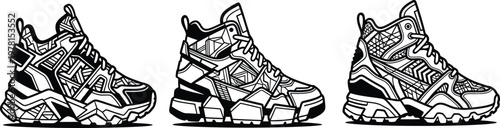 Three unique black and white abstract geometric pattern high-top athletic sneakers, modern and stylized line art illustration with detailed textures.