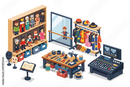 Puppet theater backstage with costumes, props, and control board