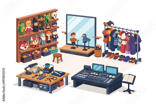 Puppet theater backstage with costumes, props, and sound equipment