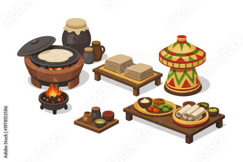 Traditional Ethiopian food preparation and serving setup with injera and spices