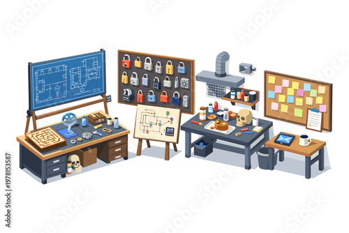 Detective's workspace with clues, blueprints, and evidence laid out for investigation