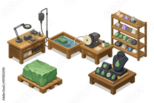 Gemstone cutting and jewelry making workshop with raw materials and finished products