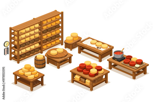 Isometric cheese production and storage facility with wooden shelves and tables