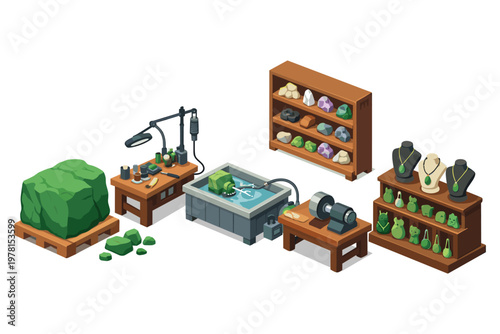 Gemstone crafting workshop with tools, raw materials, and finished jewelry