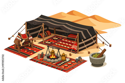 Traditional Bedouin tent setup with campfire, camel saddle, and desert dunes in background