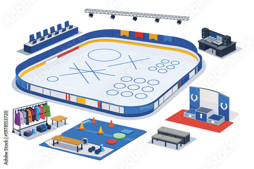 Isometric sports arena elements including ice rink, training area, and podium