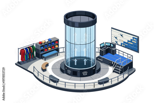 Futuristic indoor skydiving wind tunnel with control room and gear storage