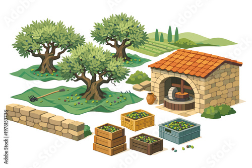 Cartoon olive grove with harvesting equipment and oil mill building