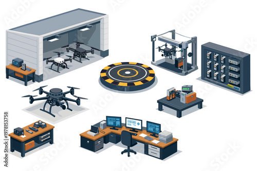 Modern drone technology hub with control center and charging station