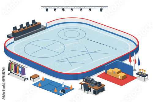 Isometric view of a professional ice hockey rink with all facilities and equipment