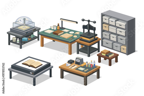 Book restoration workshop with specialized equipment and archival storage