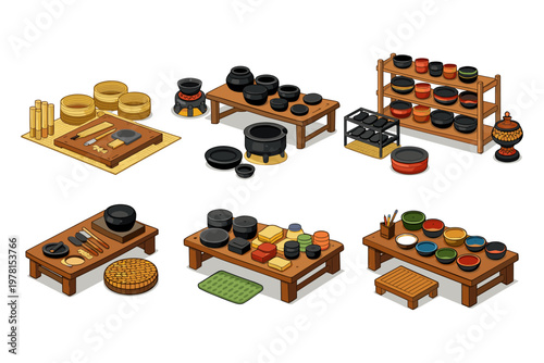 Isometric illustration of a traditional pottery workshop with tools and finished ceramic pieces