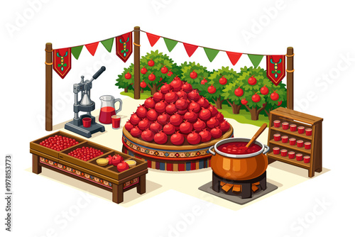 Freshly harvested pomegranates prepared for juice and jam making at a market stall