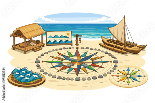 Tropical beach scene with navigational elements and a traditional outrigger canoe