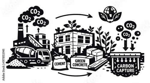 Illustrating the life cycle of green concrete, from CO2 emissions reduction to sustainable construction and carbon capture