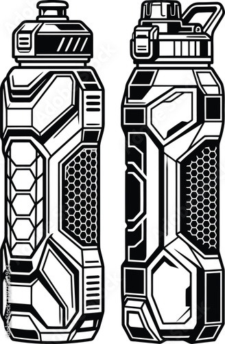 Two sleek high-resolution futuristic athletic water bottle designs, featuring detailed geometric and hexagonal patterns.