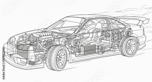 Detailed blueprint drawing of a sports car engine and chassis.