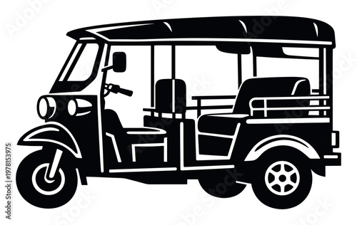 Tuk tuk, a three-wheeled auto rickshaw vehicle, representing Asian street transport, tourism, and travel