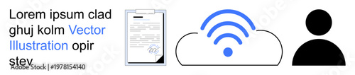 Cloud computing, user authentication, digital documentation, networking, data transfer, online services. A cloud icon, user silhouette and signed document. Cloud computing and user authentication
