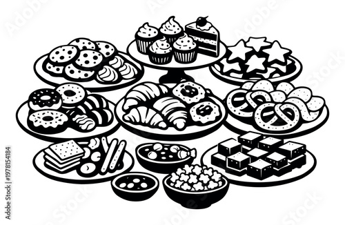 Delicious sweet and savory snacks, cookies, cakes, desserts, and bakery items creating a full buffet feast