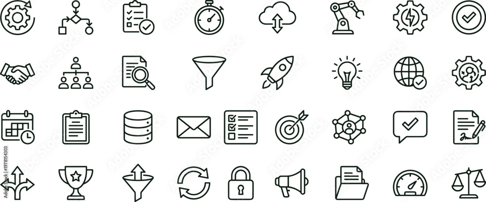 Naklejka premium Business workflow automation outline icon set for analytics dashboards applications interfaces presentations communication productivity and digital management system elements