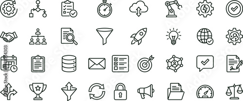 Business workflow automation outline icon set for analytics dashboards applications interfaces presentations communication productivity and digital management system elements