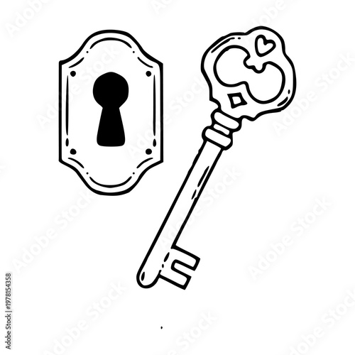 vintage skeleton key and decorative keyhole line art illustration