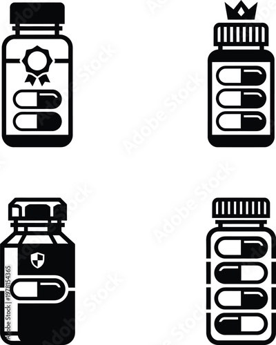 Illustrative black and white icon set featuring various pill bottles with unique capsule designs and protective labels.