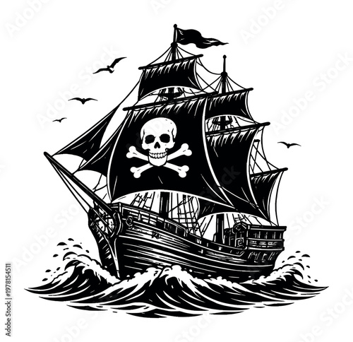 Pirate ship with skull and crossbones flag navigating rough ocean waves, embodying historical voyages, danger, and freedom