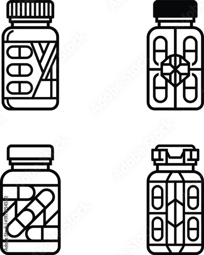 A collection of four distinct minimalist black and white line art icons illustrating different pill bottles with capsules.