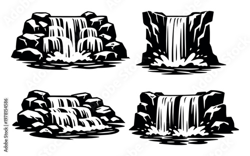 The flowing river cascades over the rocks, creating a picturesque natural scene that symbolizes the beauty of water and nature