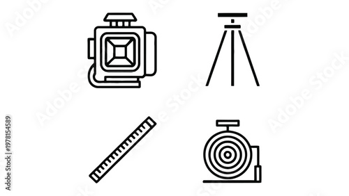 Surveying Instruments: Line art of essential surveying instruments, including a theodolite, tripod, ruler, and measuring tape, for detailed land analysis and construction projects.