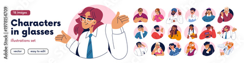 Avatars of diverse people in glasses set. Men and women looking through eyewear for bad eyesight. Happy characters wearing spectacles, eyeglasses. Flat vector illustration isolated on white background