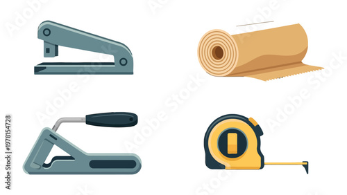 Stationery Assortment: A diverse collection of office and packaging tools is laid out against an uncluttered backdrop, showcasing functionality and practicality.