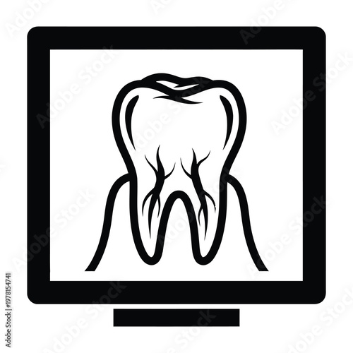 Black and white illustration of a tooth on a computer screen for dental or medical concepts