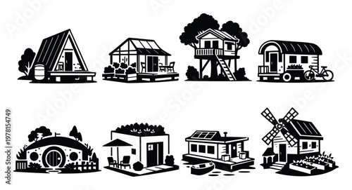 Collection of stylized monochrome illustrations showing sustainable and minimalist living concepts and unique dwelling solutions