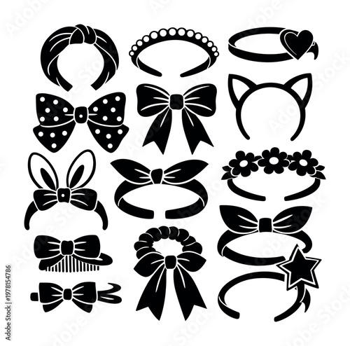 Set of assorted hair accessories in black silhouette, including headbands, ribbons, and barpins, useful for design