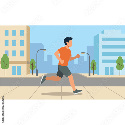Man running quickly on sidewalk in city with buildings and trees