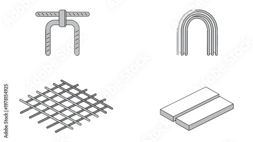 Reinforced Construction Elements: A selection of essential steel components used in construction, showcasing their form and function.