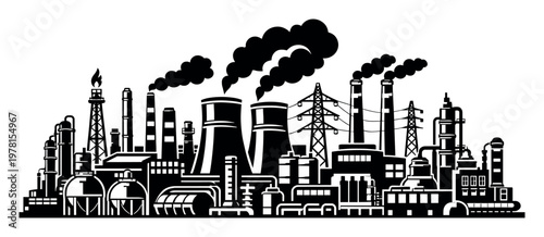 Industrial complex with multiple factories, power plants, oil refinery structures, and cooling towers, emitting smoke and showing production