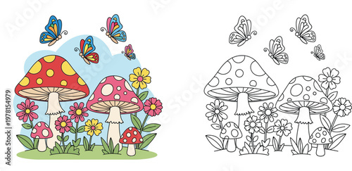 Cute Mushrooms, Flowers and Butterflies in Garden Coloring Page for Kids, Colorful Illustration and Black and White Line Art Vector Set for Children Education and Fun Activity
