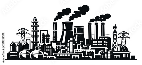 Industrial plant silhouettes releasing smoke into the atmosphere, representing topics of environment, energy, and manufacturing