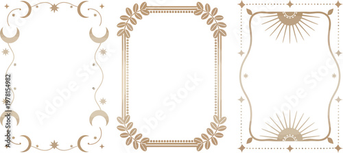 Mystical Tarot Card Frames Set with Celestial Moon and Stars, Vintage Golden Borders with Sun and Snake Ornaments, Esoteric Symbols, Spiritual Design Vector Illustration on white Background