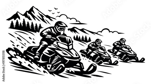 Three snowmobilers competing and racing on snow during winter, navigating through a mountain landscape with forest in the background
