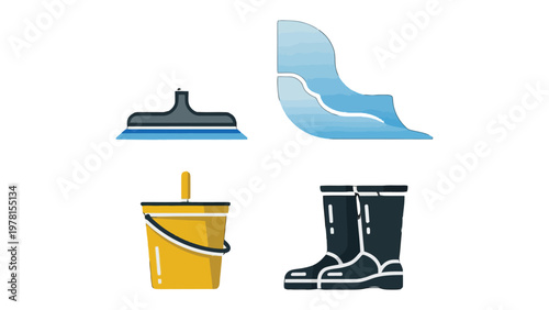 Cleaning Essentials in Focus: A set of essential cleaning supplies, including a squeegee, a microfiber cloth, a bucket, and a pair of boots.