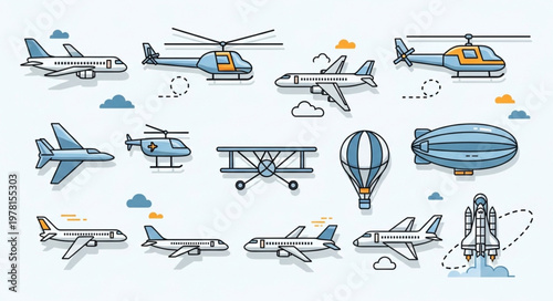 Collection of various aircraft and air vehicles illustration.