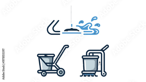Cleaning Tools: A set of essential cleaning tools, including a mop, bucket and cleaning machine for maintaining a pristine environment. 