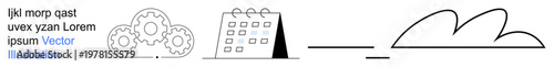 Workflow, productivity, automation, scheduling, planning, time management. Series of icons including gears, a calendar an underline and a cloud shape. Workflow and productivity